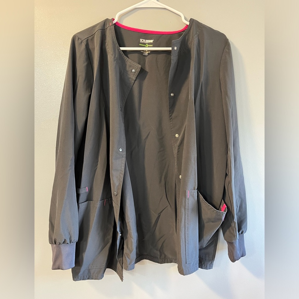 Grey and pink button down scrub jacket